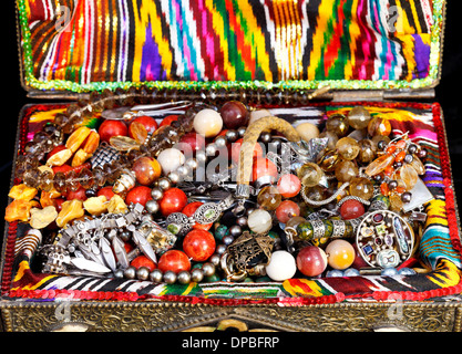 antique jewelry in ancient treasure chest close up Stock Photo