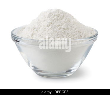 Glass bowl of wheat flour isolated on white Stock Photo