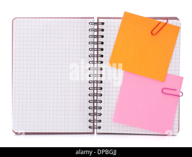 Blank checked notebook with notice papers isolated on white background cutout Stock Photo