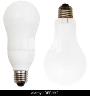 two lamps - big incandescent and compact fluorescent light bulbs isolated on white background Stock Photo