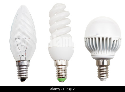 set of incandescent, compact fluorescent, LED light bulbs isolated on white background Stock Photo