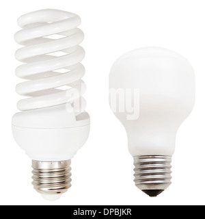 two lamps - incandescent and helical compact fluorescent light bulbs isolated on white background Stock Photo