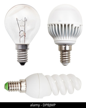 incandescent, helical fluorescent, LED light bulbs isolated on white background Stock Photo