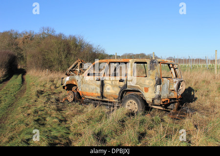 A burnt-out Range Rover abandoned in the countryside of Northumberland ...