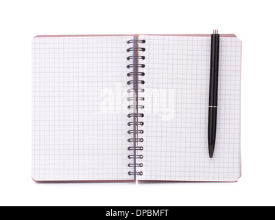 Open blank checked notebook with black pen isolated on white background cutout Stock Photo