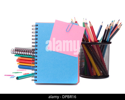 Blue notebook with notice papers isolated on white background cutout Stock Photo