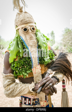 Bassari celebration with dancers on traditional clothes, Ethiolo village, Bassari country, Senegal, Africa. Stock Photo