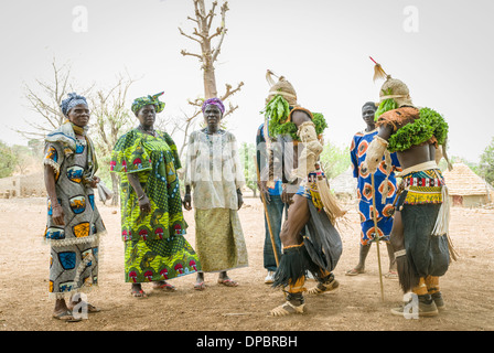 Bassari celebration with dancers on traditional clothes, Ethiolo village, Bassari country, Senegal, Africa. Stock Photo