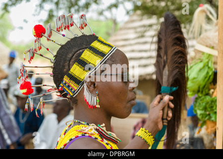 Bassari celebration with dancers on traditional clothes, Ethiolo village, Bassari country, Senegal, Africa. Stock Photo