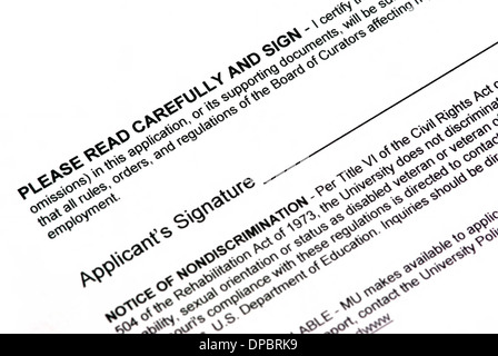 Empty applicant signature on a white document. Stock Photo