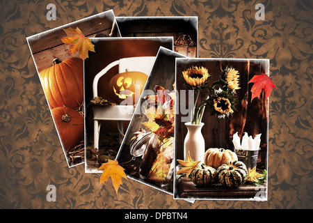 Vintage autumn postcards on a dark damask background Stock Photo
