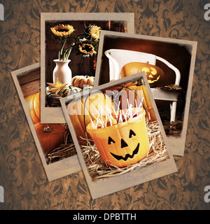 Halloween polaroids on a dark damask background Stock Photo