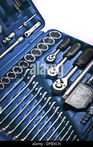 Lots of tools arranged in a blue toll box Stock Photo