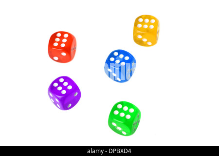 Five colored dices displaying "six" isolated on white Stock Photo