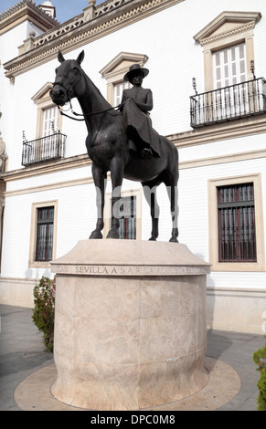 Countess of Barcelona statue outside Plaza de Toros de la Real Maestranza de Caballería de Sevilla (bull ring), Seville, Spain. Stock Photo