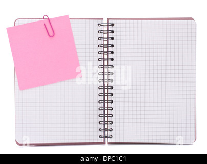 Blank checked notebook with notice paper isolated on white background cutout Stock Photo