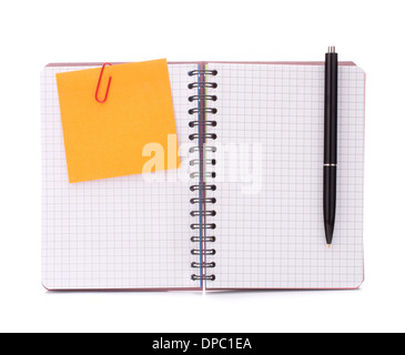 Blank checked notebook with notice paper isolated on white background cutout Stock Photo