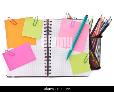 Blank checked notebook with notice papers isolated on white background cutout Stock Photo