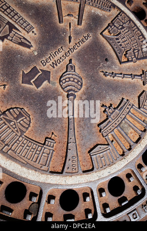 Germany, Berlin, Manhole Cover from Berliner Wasserbetriebe, Berlin Water Services in Berlin Stock Photo