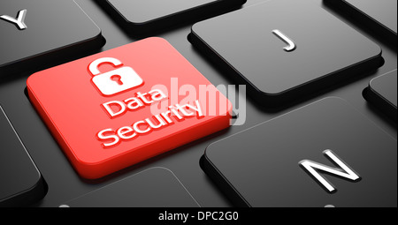 Data Security Text with Padlock Icon - Red Button on Black Computer Keyboard. Stock Photo