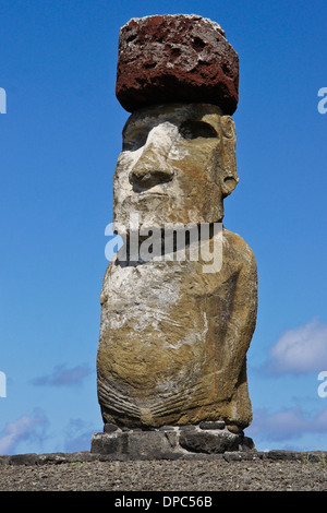 Moai with topknot at Ahu Tongariki, Easter Island, Chile Stock Photo