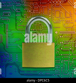 Closed lock on circuit background, security concept. Stock Photo