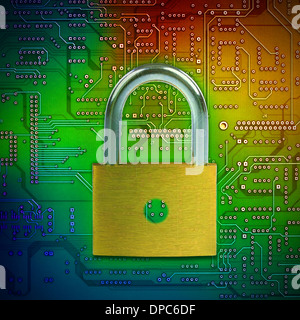 Closed lock on circuit background, security concept. Stock Photo