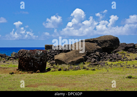 Fallen moai at Ahu Te Pito Kura, Easter Island, Chile Stock Photo