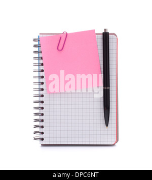 notebook with notice paper and pen isolated on white background cutout Stock Photo