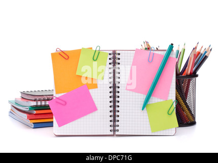 Blank checked notebook with notice papers isolated on white background cutout Stock Photo