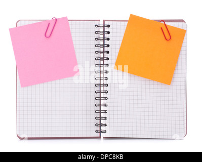 Blank checked notebook with notice papers isolated on white background cutout Stock Photo