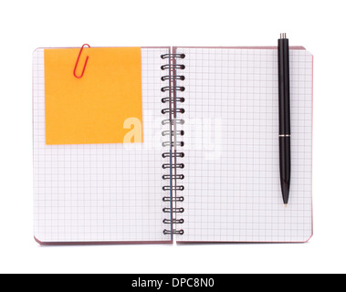 Blank checked notebook with notice papers isolated on white background cutout Stock Photo