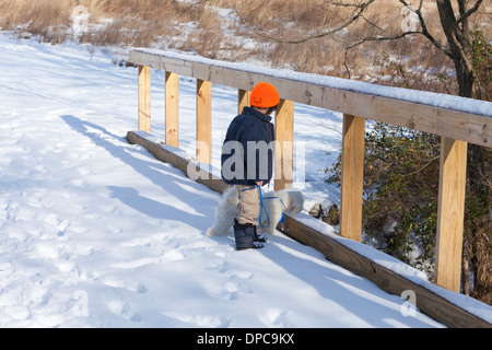 Boy walking a dog on snowy path - Pennsylvania USA Stock Photo