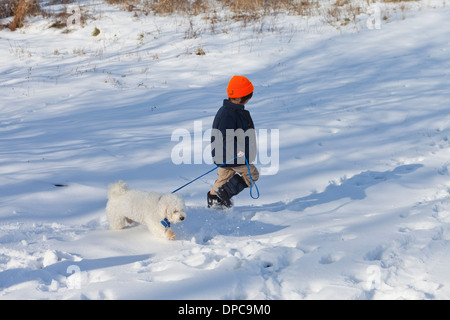 Boy walking a dog on snowy path - Pennsylvania USA Stock Photo