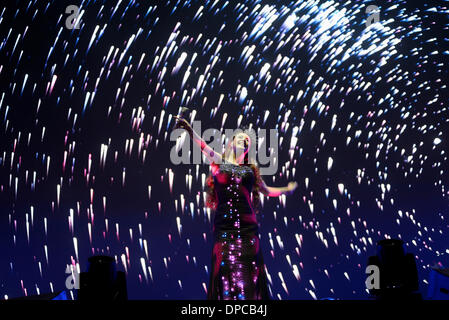 Nanjing, China's Jiangsu Province. 12th Jan, 2014. British singer Sarah Brightman performs at her concert in Nanjing, capital of east China's Jiangsu Province, Jan. 11, 2014. Credit:  Wang Yuewu/Xinhua/Alamy Live News Stock Photo