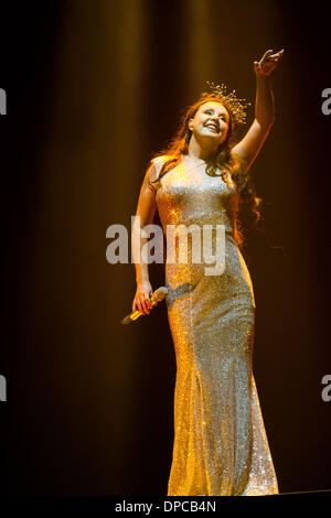 Nanjing, China's Jiangsu Province. 12th Jan, 2014. British singer Sarah Brightman performs at her concert in Nanjing, capital of east China's Jiangsu Province, Jan. 11, 2014. Credit:  Liu Song/Xinhua/Alamy Live News Stock Photo