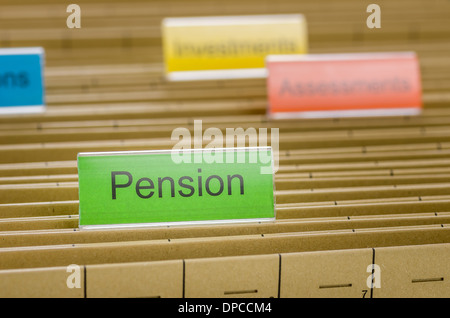 Hanging file folder labeled with Pension Stock Photo