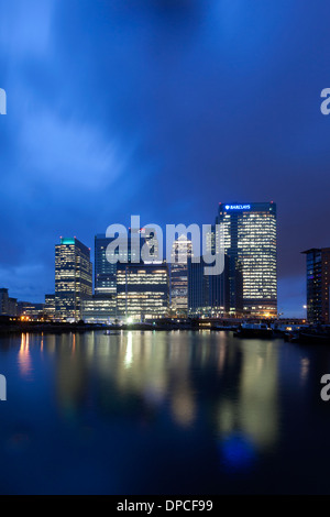 Skyline of Canary Wharf across the Blackwall Basin, Dockland, London, England, United Kingdom Stock Photo