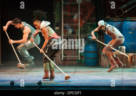 Stomp, the percussion musical that originated in Brighton, England, performs in London Ontario, Canada on March 11, 2014. The musical act uses ordinary objects and individual movements to create a 'physical theatre' performance. Stock Photo