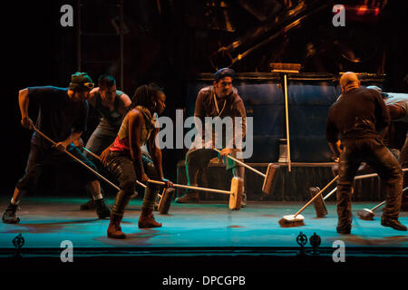 Stomp, the percussion musical that originated in Brighton, England, performs in London Ontario, Canada on March 11, 2014. The musical act uses ordinary objects and individual movements to create a 'physical theatre' performance. Stock Photo