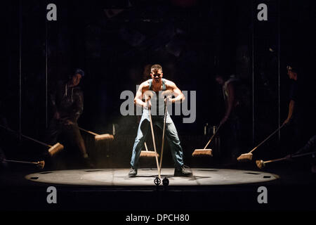 Stomp, the percussion musical that originated in Brighton, England, performs in London Ontario, Canada on March 11, 2014. The musical act uses ordinary objects and individual movements to create a 'physical theatre' performance. Stock Photo