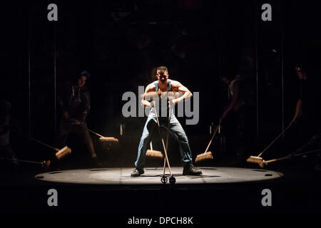 Stomp, the percussion musical that originated in Brighton, England, performs in London Ontario, Canada on March 11, 2014. The musical act uses ordinary objects and individual movements to create a 'physical theatre' performance. Stock Photo