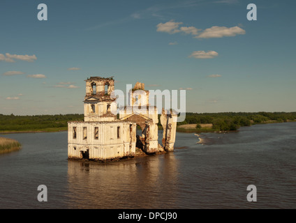 Nativity Church of Krokhino Russia, flooded by the Sheksna Reservoir on the Volga Baltic waterway, seen from river cruise boat Stock Photo