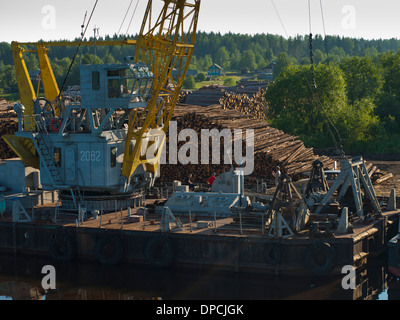 Common sight when traveling the Volga Baltic waterway Russia,forestry activity stacking and transportation of timber Stock Photo