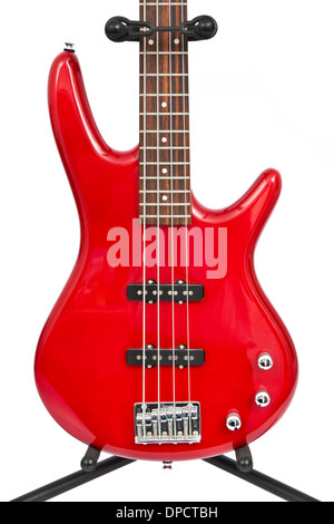Red electric bass guitar on stand Stock Photo