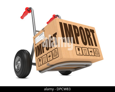 Cardboard Box with Import Slogan on Hand Truck White Background. Stock Photo