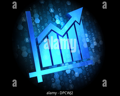 Blue Growth Chart Icon on Dark Digital Background. Stock Photo