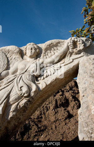 Turkey, Kusadasi, Ephesus. Marble carving of Nike, the goddess of sport, aka Winged Victory. Stock Photo