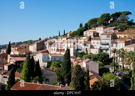 France, Provence, Bormes-les-Mimosas. Overview of historic hilltop village of Bormes-les-Mimosas. Stock Photo