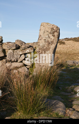 Granite stones forming part of a drystone wall on Dartmoor, Devon, UK. Stock Photo